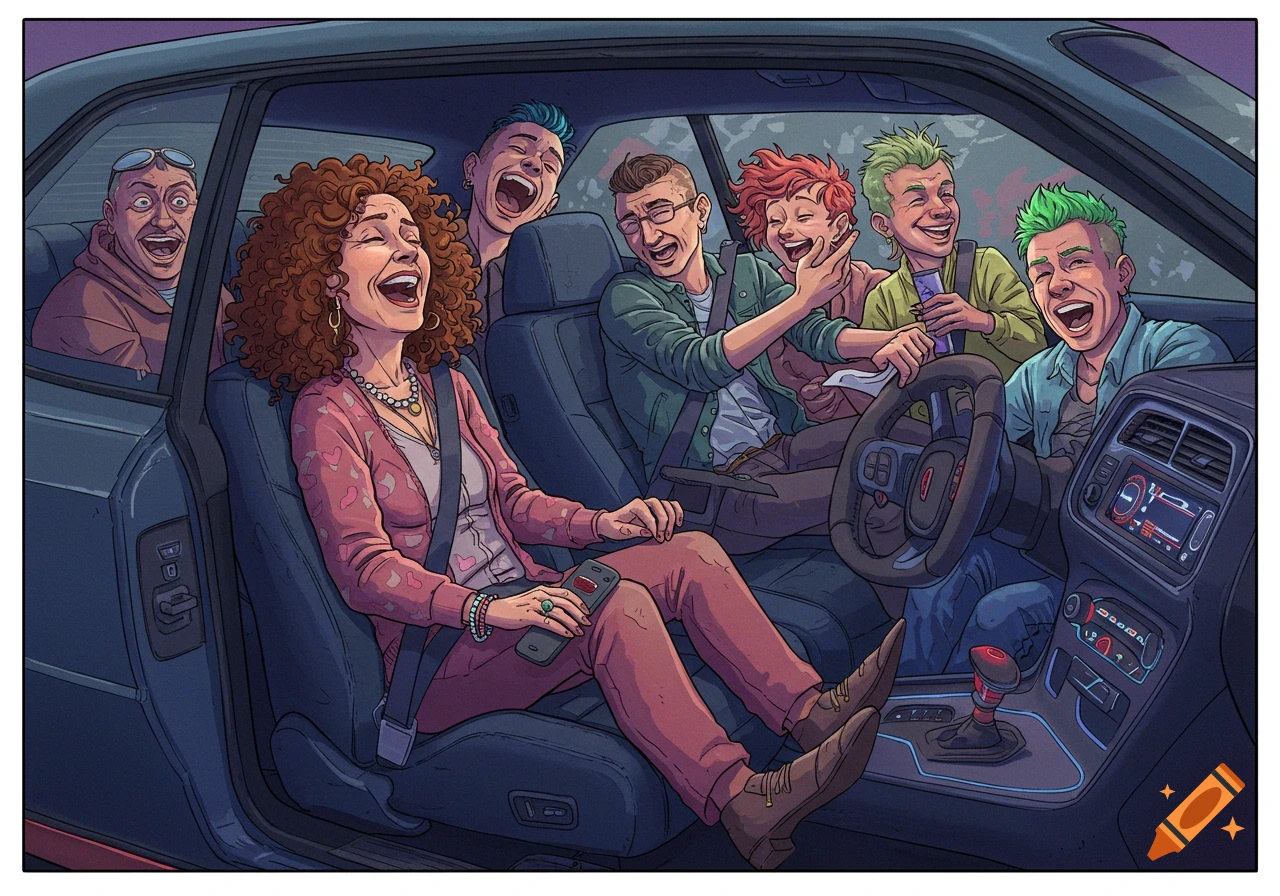 A group of people laughing loudly inside a car.
