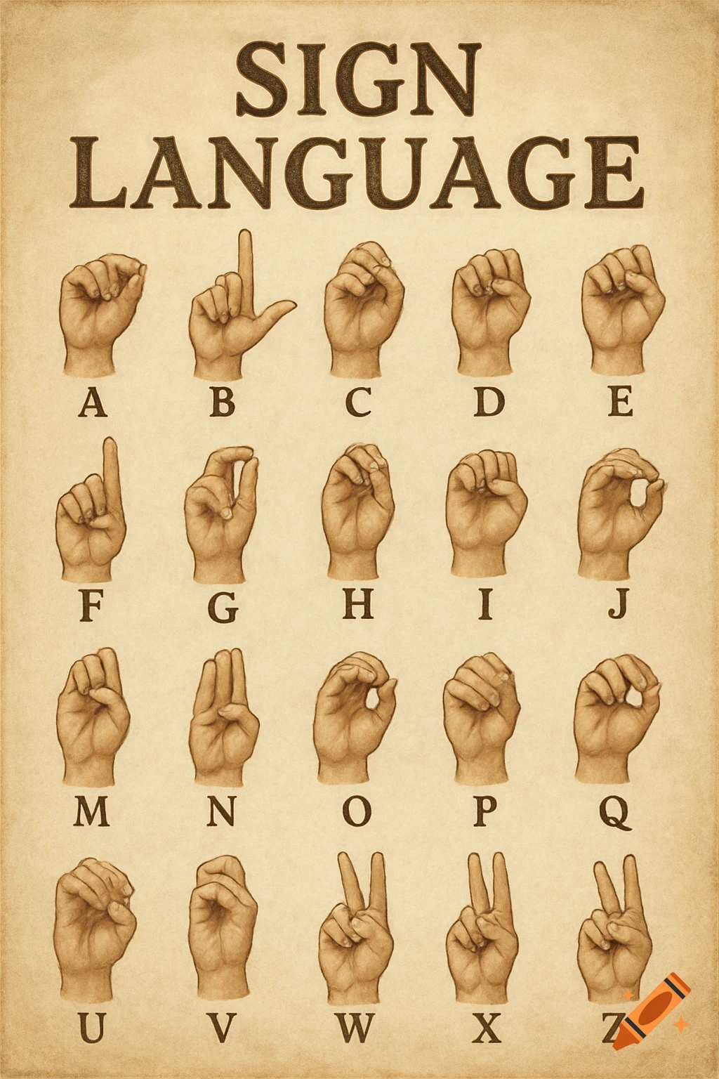 Vintage-style poster showing American Sign Language alphabet hand shapes with corresponding letters A through Z.