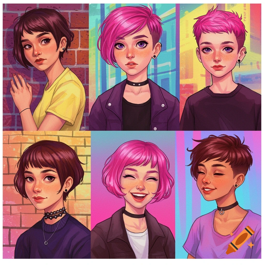Grid of 6 colorful digital art portraits of young women with short haircuts and varied expressions.