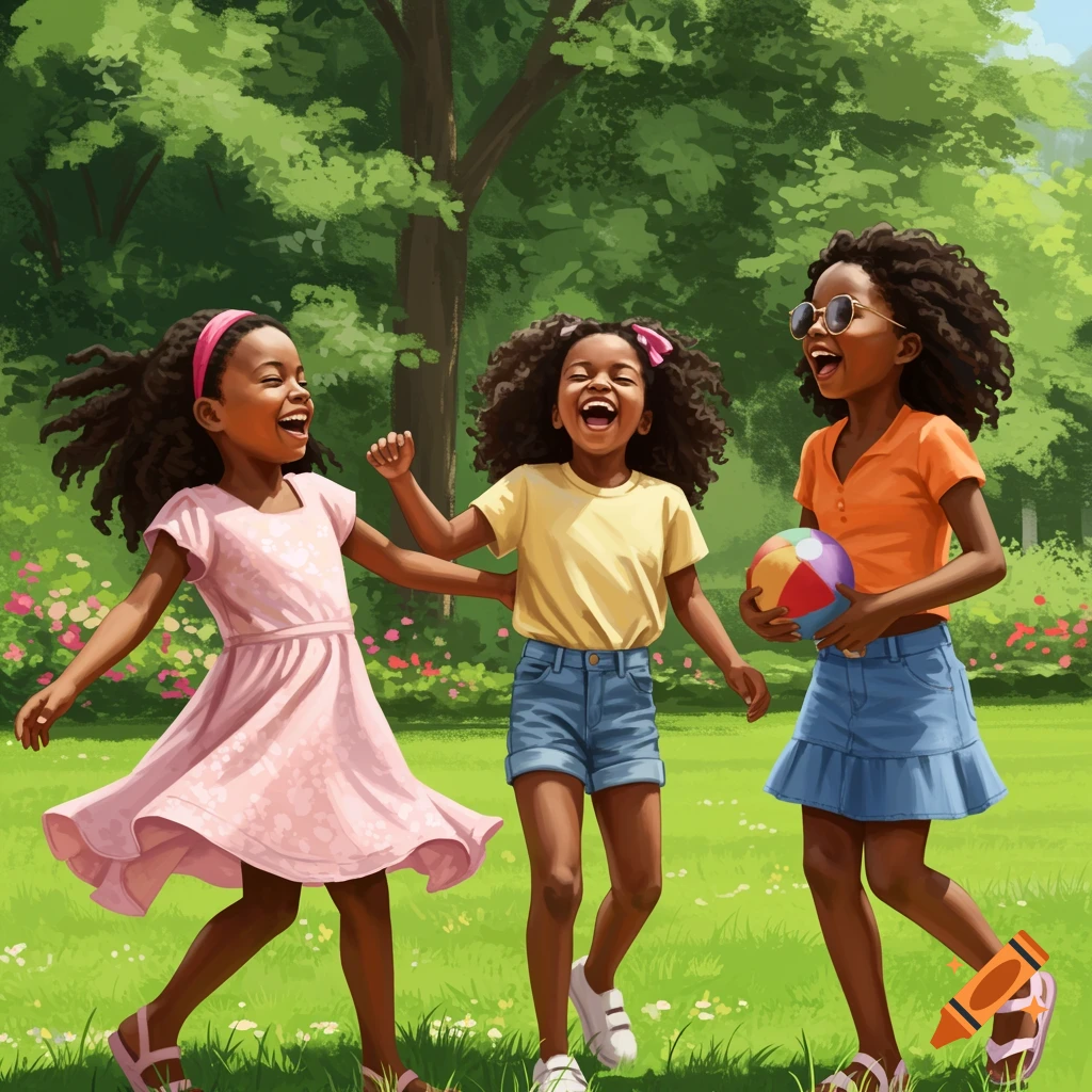 Three laughing young Black girls playing in a sunny park.