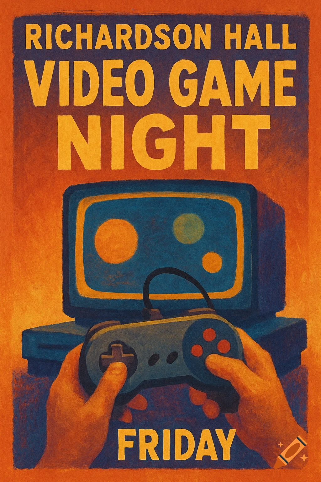 Poster for Richardson Hall Video Game Night, showing hands with a controller and monitor.