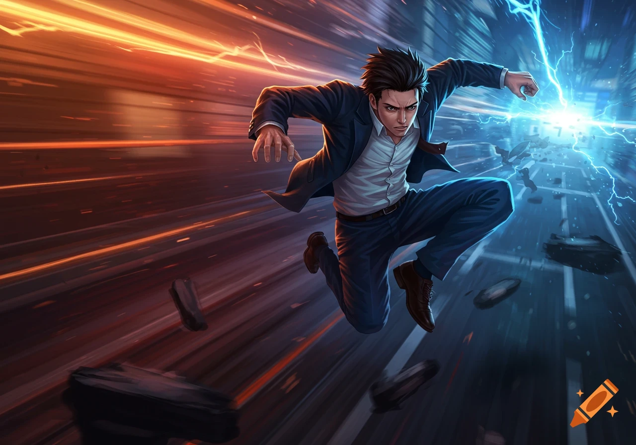A man in a suit is captured mid-air, with motion blur and blue energy effects surrounding him.