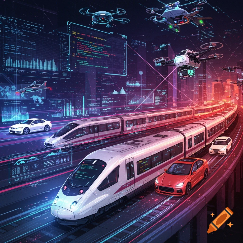 Futuristic scene of high-speed trains, cars, and drones on elevated tracks surrounded by glowing data interfaces.