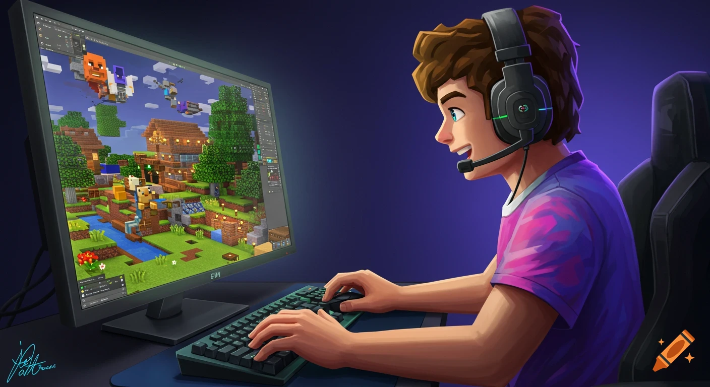 A young person playing Minecraft on a computer, wearing a headset.