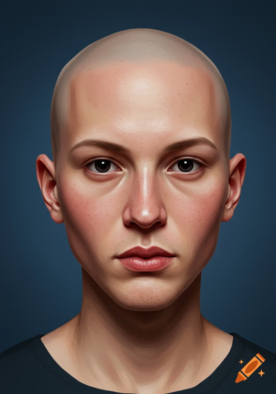 Close-up of a bald person's face looking at the viewer