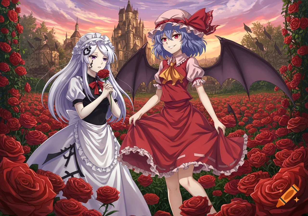 Two anime characters stand in a field of red roses in front of a castle at sunset. Anime style.