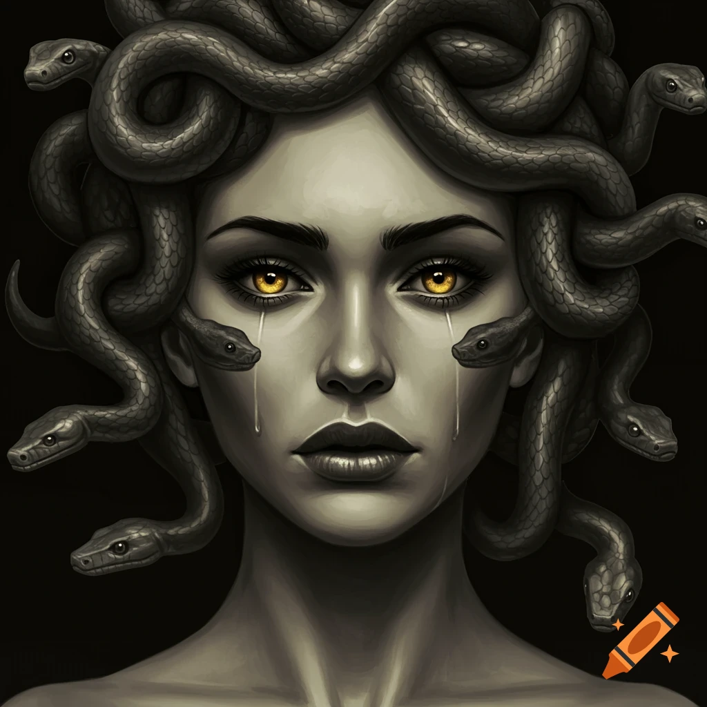 Portrait of Medusa with snakes for hair, golden eyes, and tears.