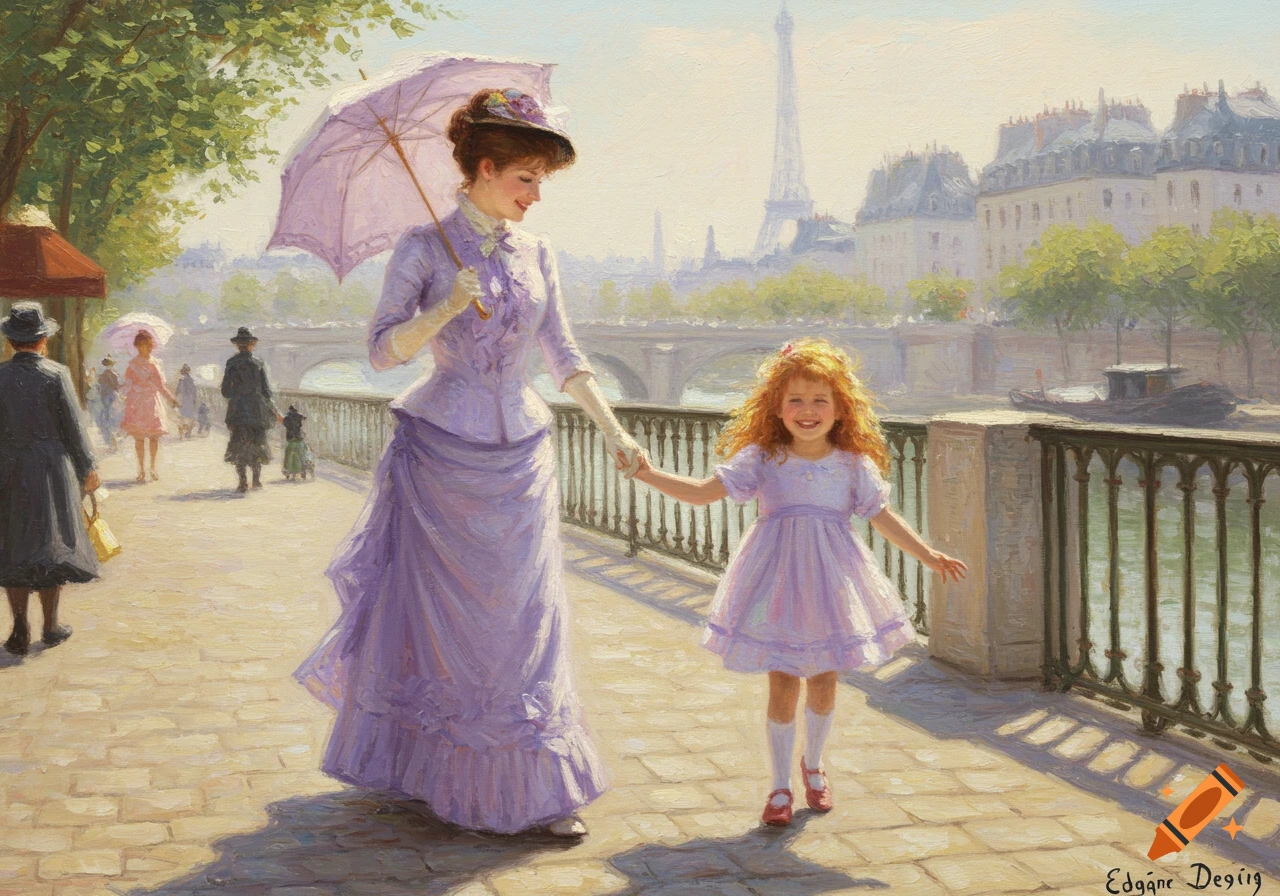 Impressionist painting of a mother and daughter walking by the Seine in Paris with the Eiffel Tower in the background