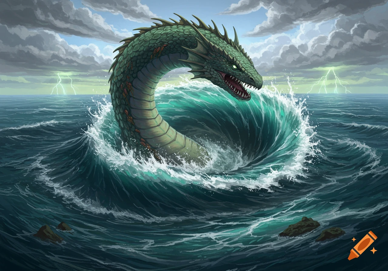 A large green sea serpent emerges from a swirling whirlpool during a stormy sea with lightning.