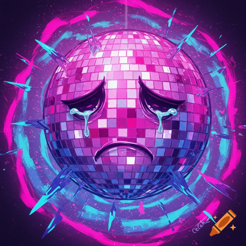 A sad disco ball crying, surrounded by sharp abstract shapes.