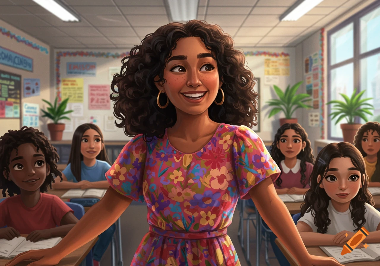 A teacher and students are in a classroom.