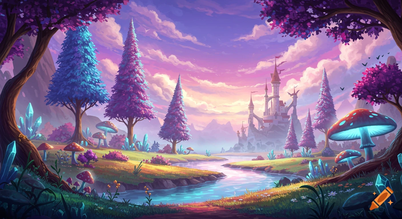 A vibrant fantasy landscape with a river leading to a castle, glowing mushrooms, trees, and crystals under a sunset sky.