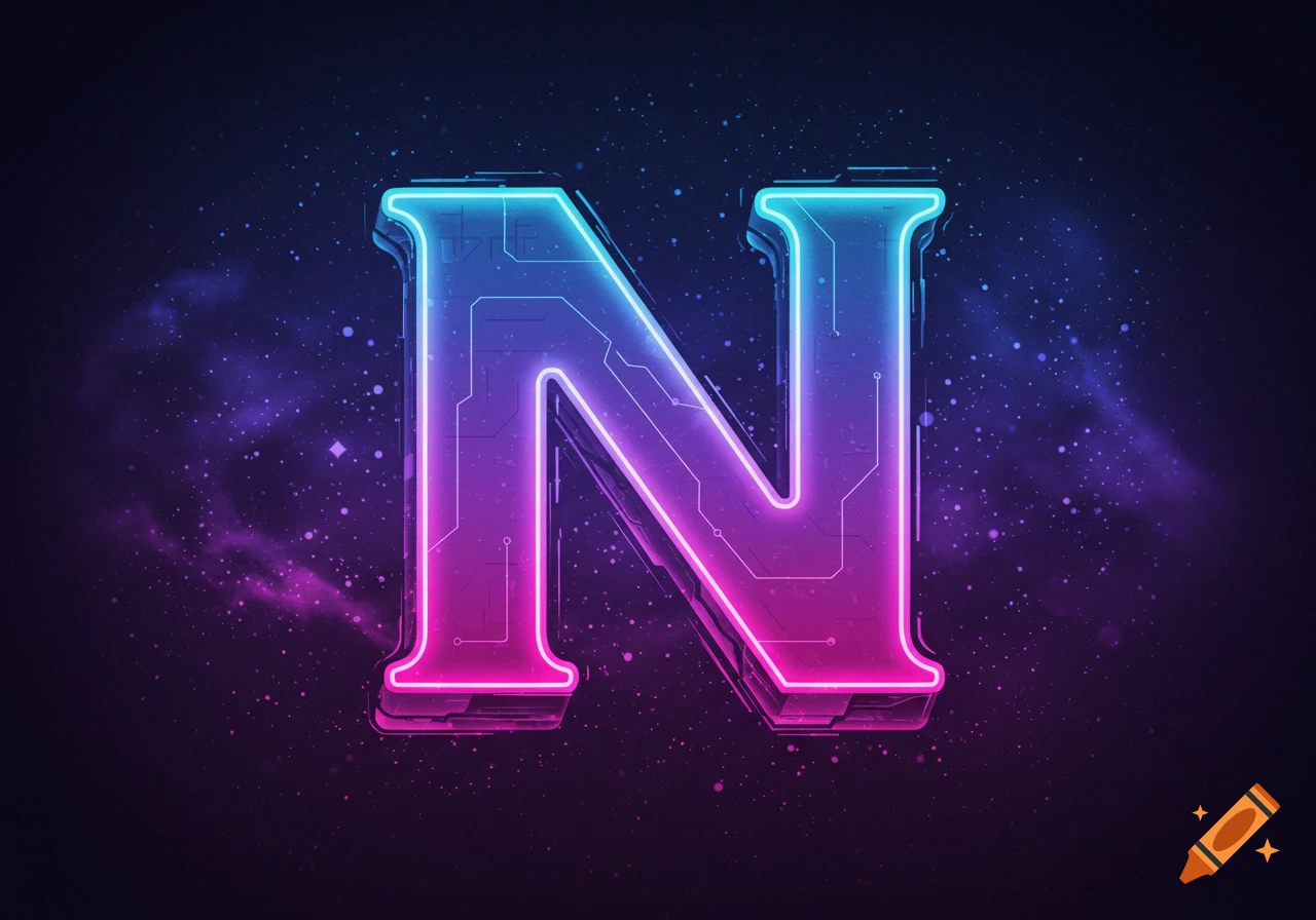 A futuristic, neon and circuitry style letter N against a starry space background.