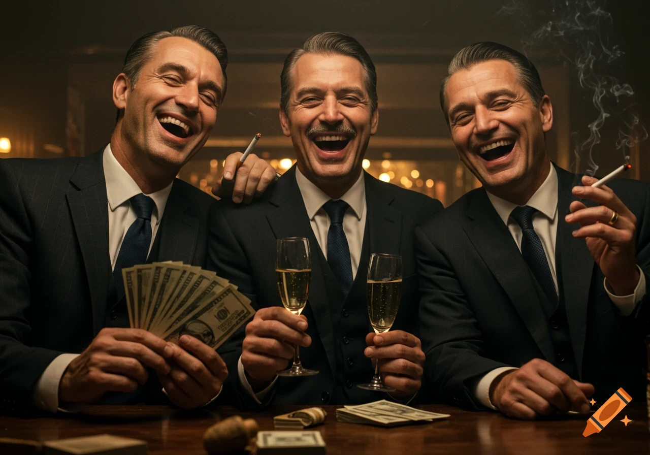 Three men in suits laughing, holding money, champagne, and cigarettes in a bar.