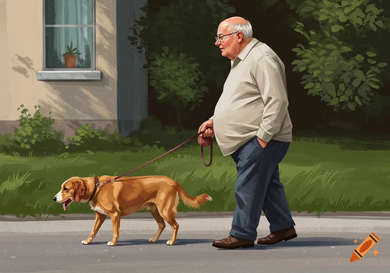 An old overweight man walks his golden dog on a leash.