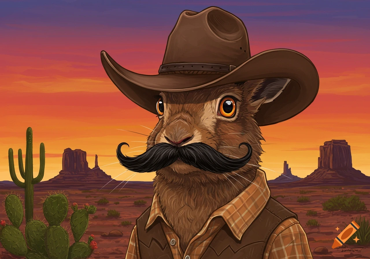 A brown dog wearing a cowboy hat and red bandana walks through a desert ...
