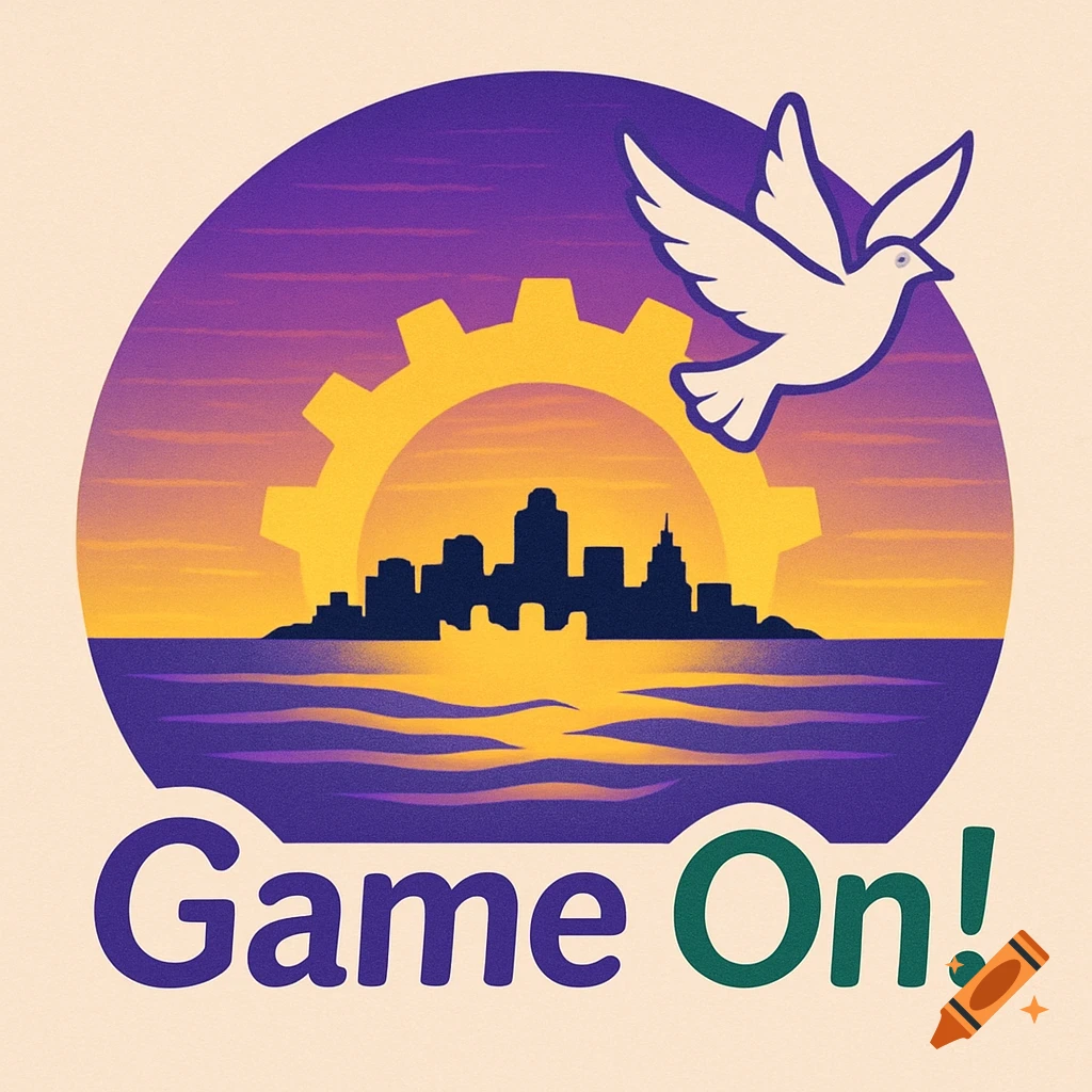 Stylized logo with a golden gear behind a dark city skyline, reflected in water under a purple and gold sky. A white dove flies in the top right. Text reads 'Game On!'