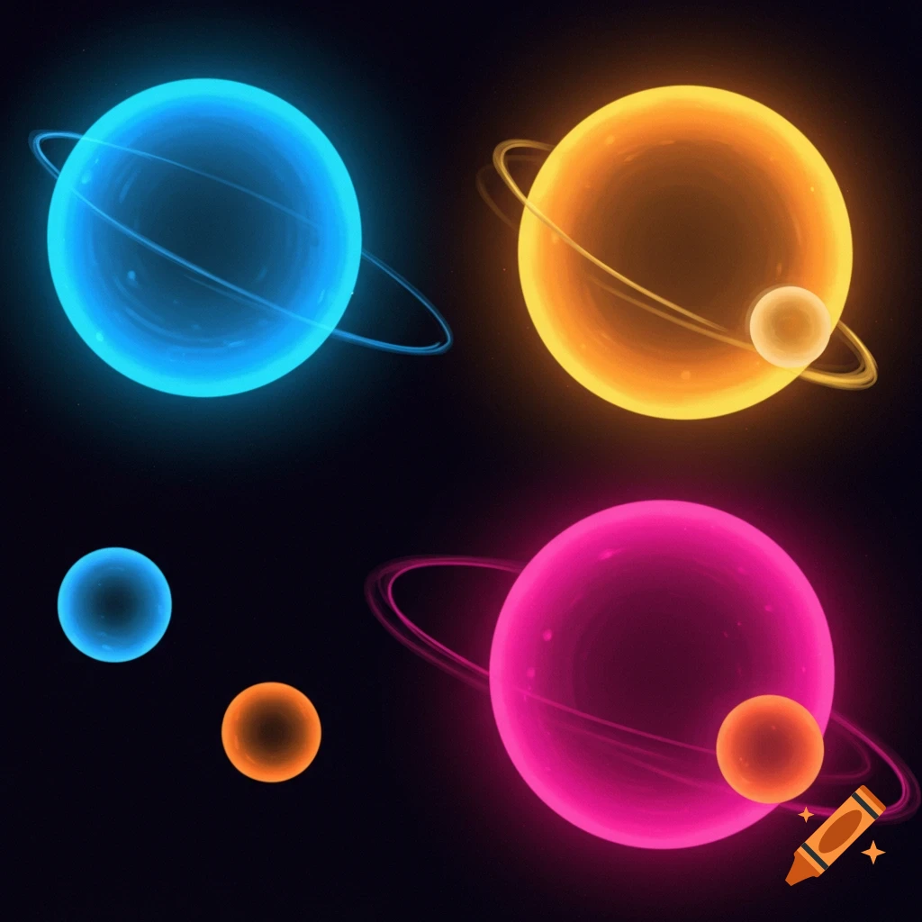 Colorful glowing planets with rings in space.