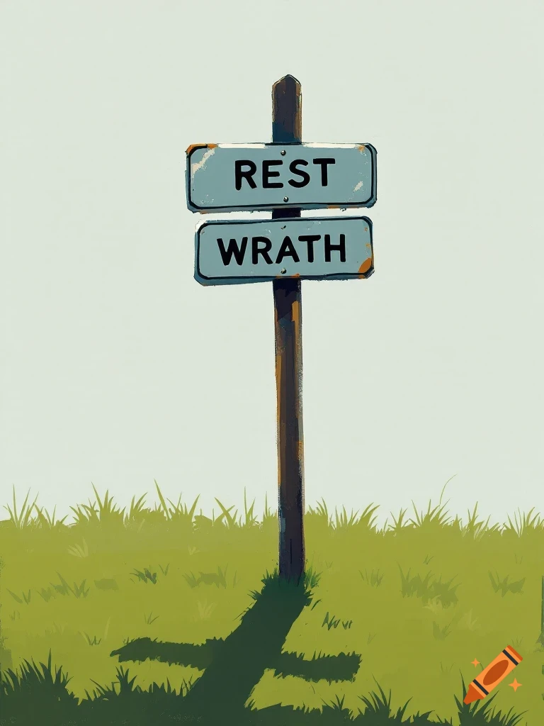 A signpost stands in a field, with signs pointing towards REST and WRATH.