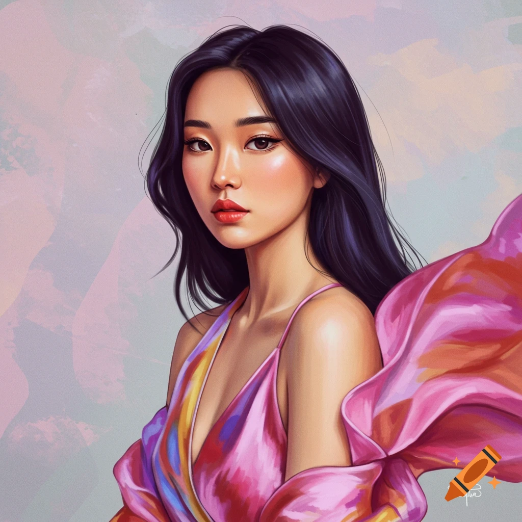 Portrait of a woman in a flowing pink and purple dress