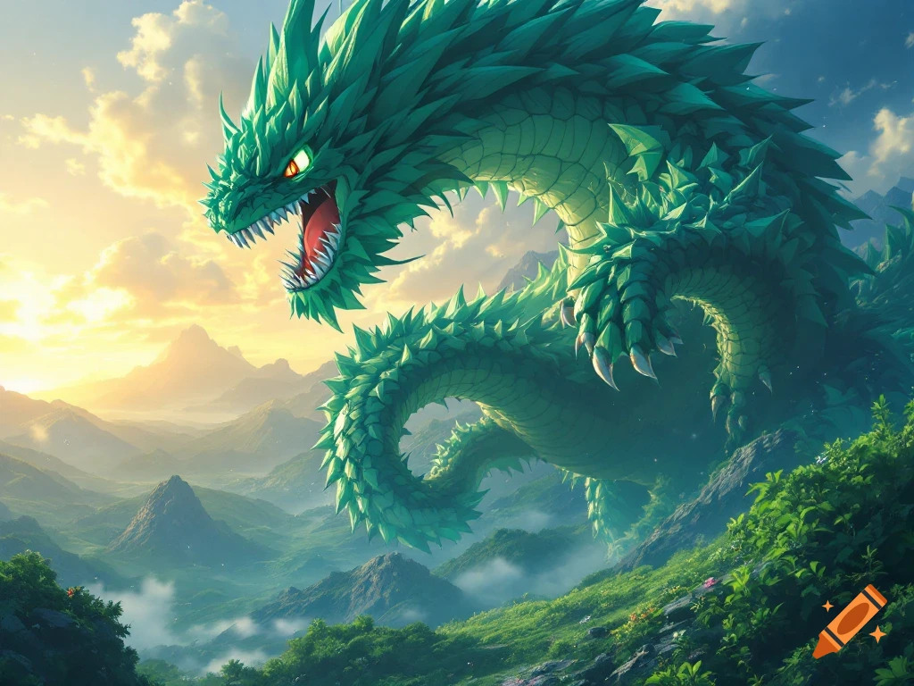 A giant green dragon with glowing eyes perches on a lush mountain overlooking a valley at sunset.