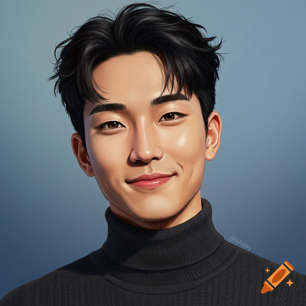 a handsome Asian man smiling in a black turtleneck