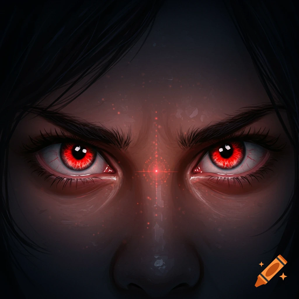 Close-up of a person with intense, glowing red eyes and dark hair.
