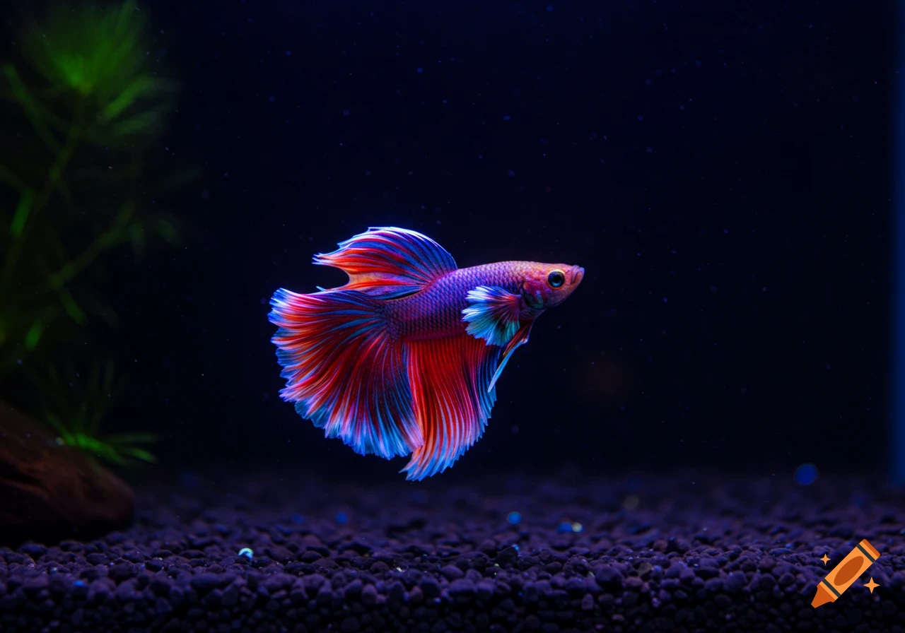 A vibrant red and blue betta fish swims in a dark aquarium tank.