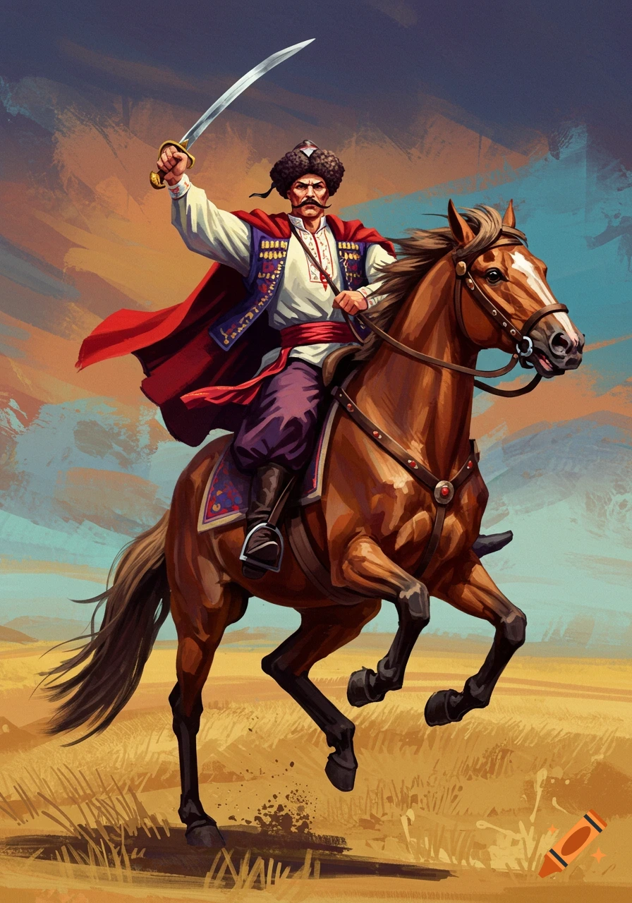 A Cossack warrior on a galloping horse, raising a saber against a stormy sky.