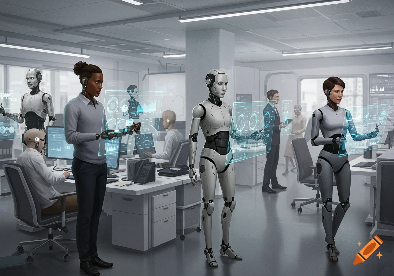 Human and robot employees interact with holographic screens in a futuristic office.