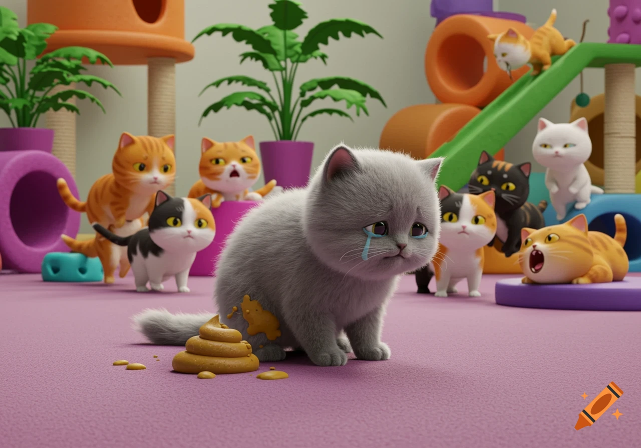 Sad grey cartoon kitten next to poop surrounded by other kittens in a colorful playroom.