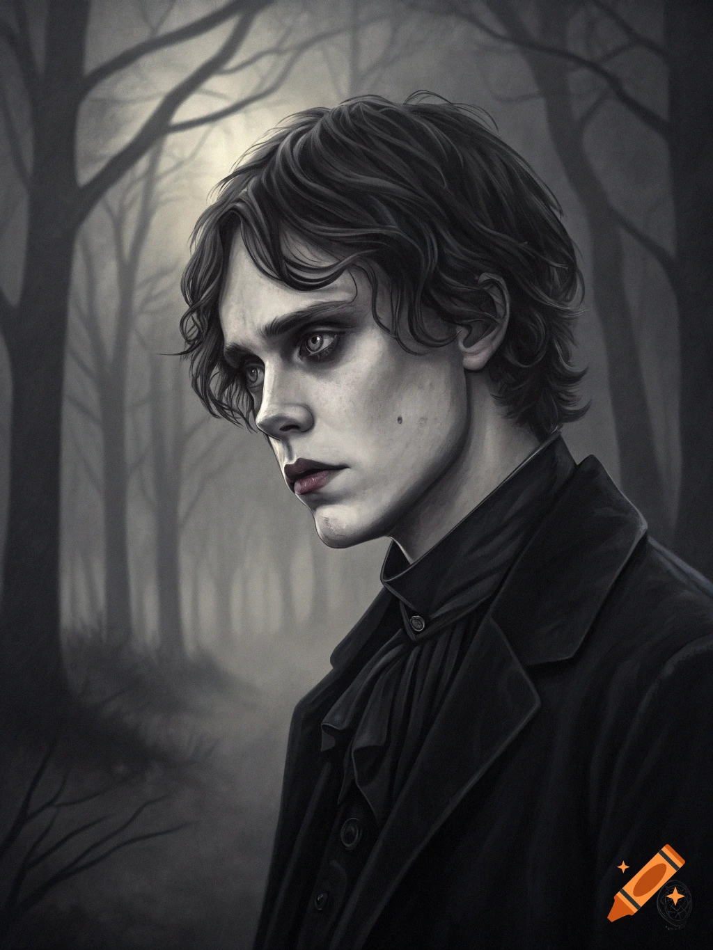 Dark portrait of a young man in gothic attire standing in a forest.