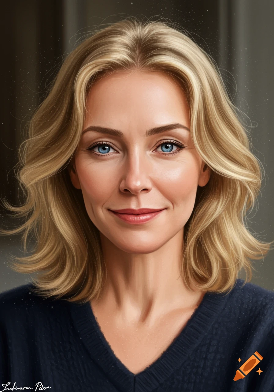 Portrait of a woman with blonde hair and blue eyes smiling slightly.