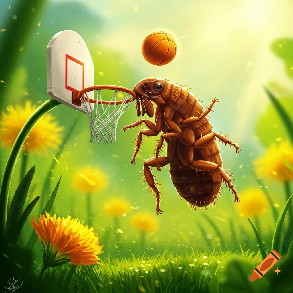 A giant flea slam dunking a basketball into a hoop on a dandelion stalk.