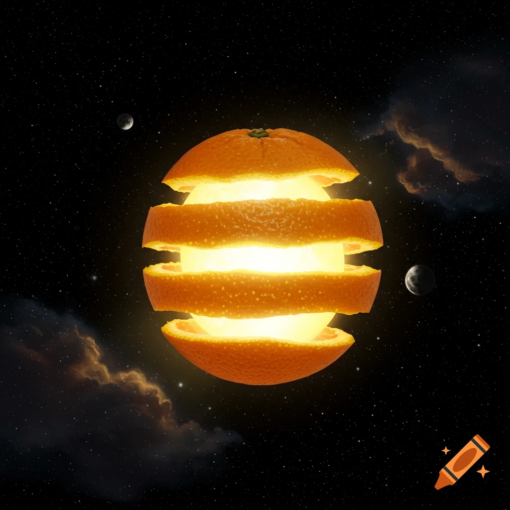 An orange peeling open like a celestial body in space, emitting bright light.
