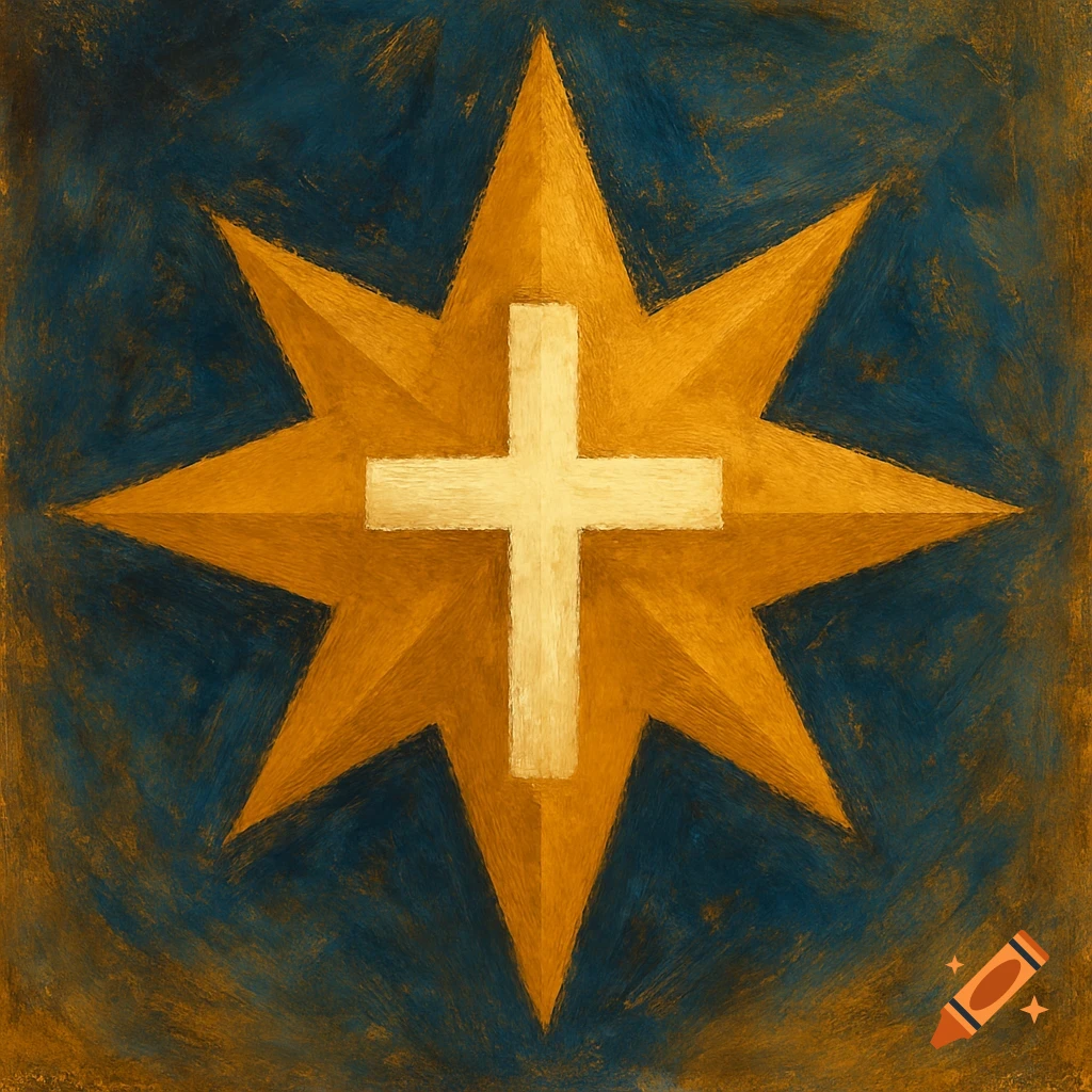 A stylized image of a white cross inside a golden eight-pointed star against a textured blue background.