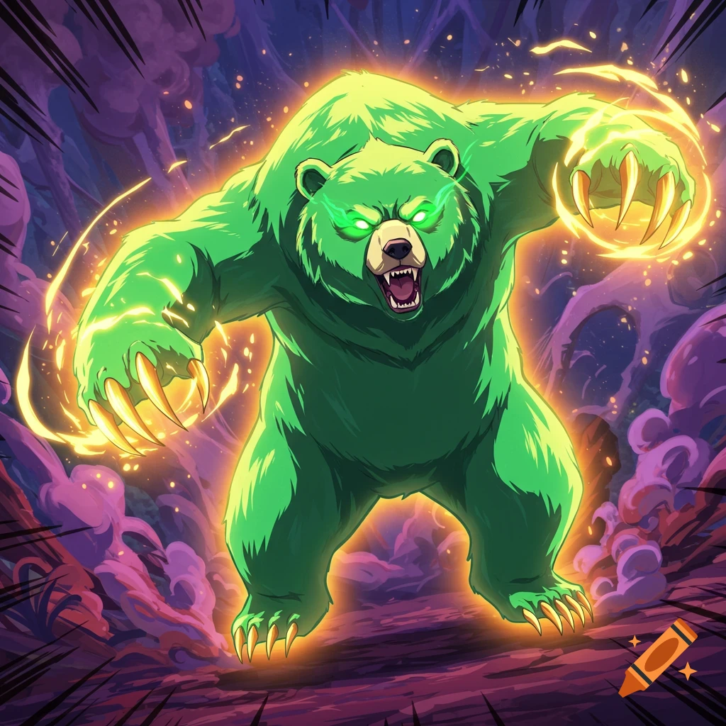 Bright green bear with glowing eyes and aura attacking in anime style.