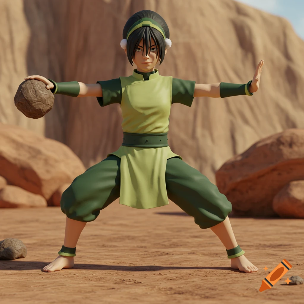 3D render of Toph Beifong in a desert, holding a rock and in an earthbending stance.