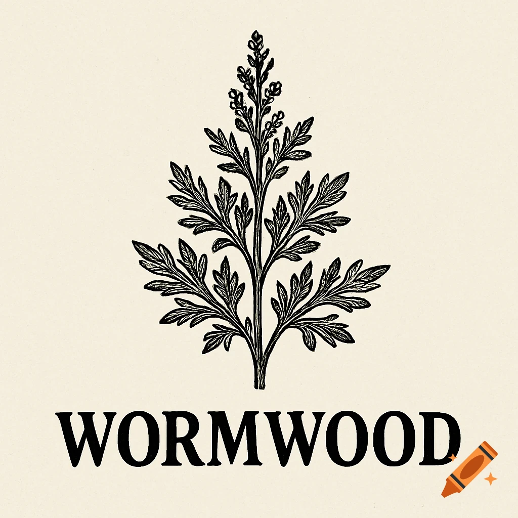 Black and white illustration of a wormwood plant above the word WORMWOOD, in a woodcut style.