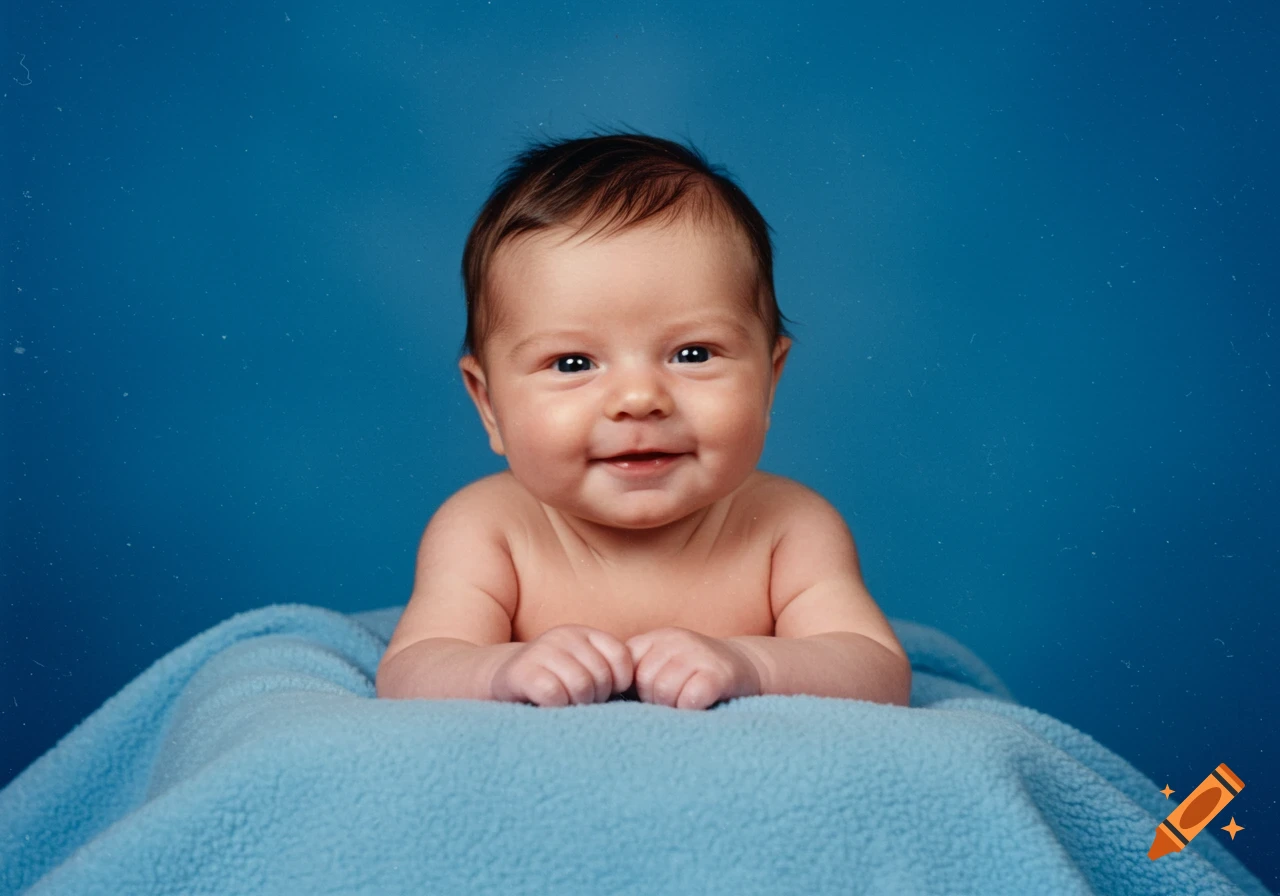 Baby boy on a blue blanket against a blue background, smiling.