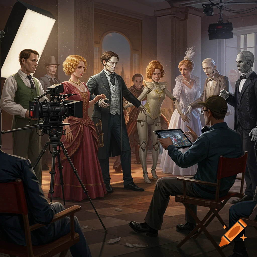 A scene on a movie set featuring robots and humans, where a director is actively using a tablet.