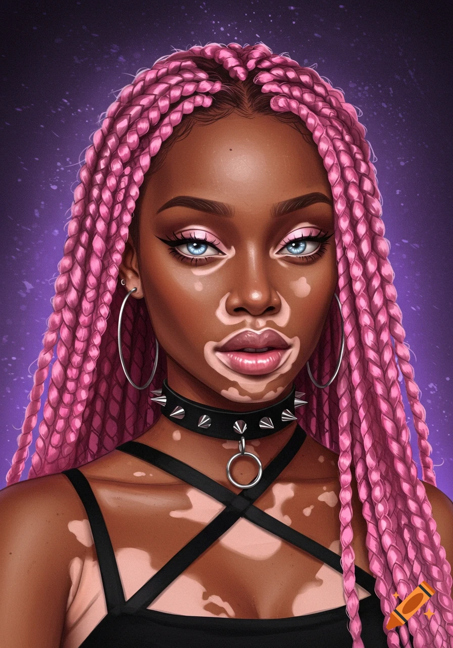 A young Black woman with vitiligo, long pink box braids, and ice blue eyes, wearing a black studded choker and top.