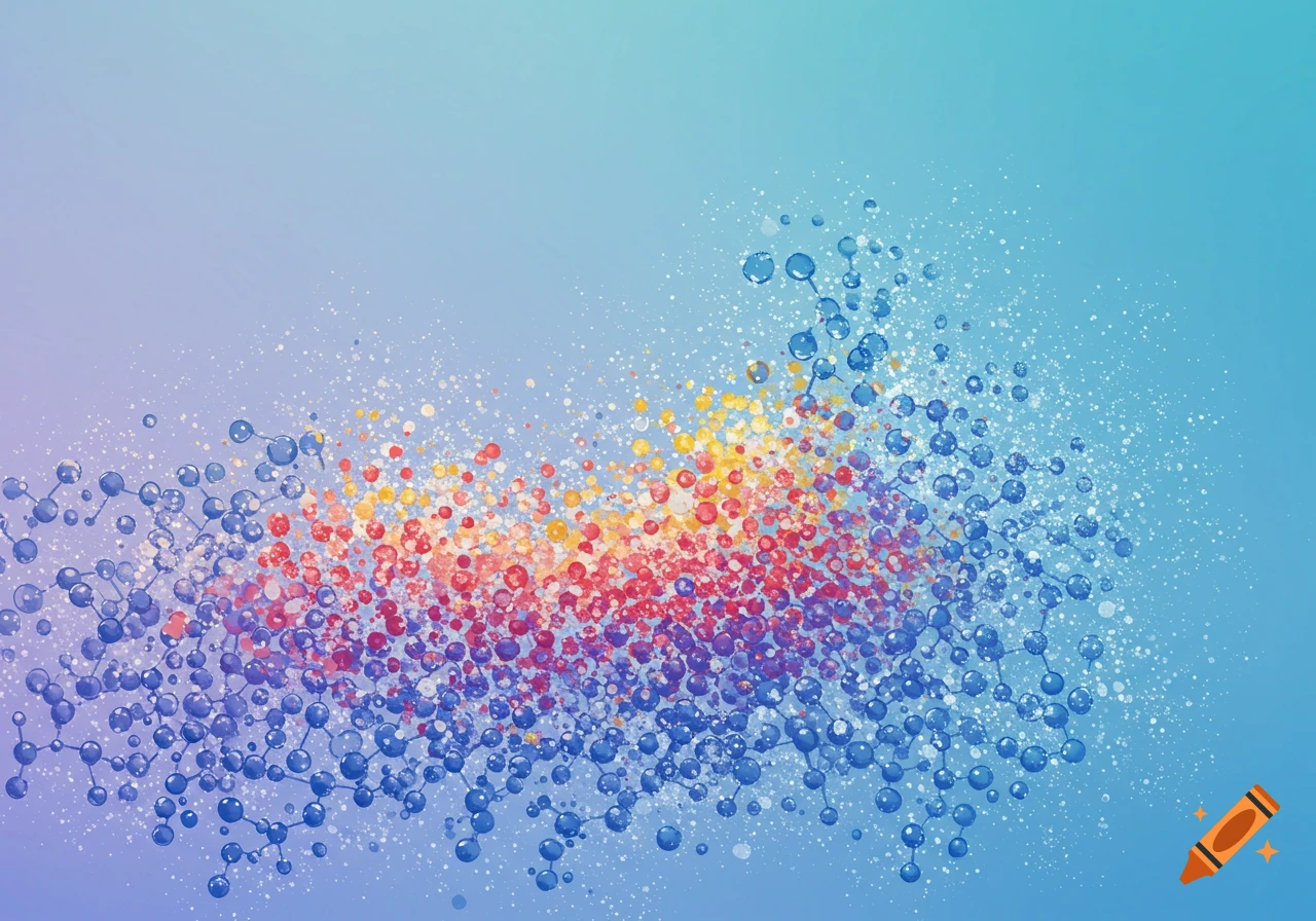 Abstract image of colorful particles and molecular structures against a blue gradient.
