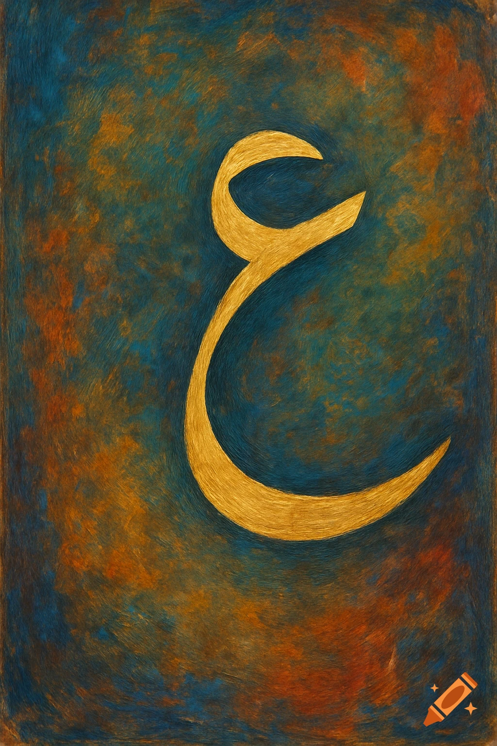 Golden Arabic letter on a textured blue and orange background.