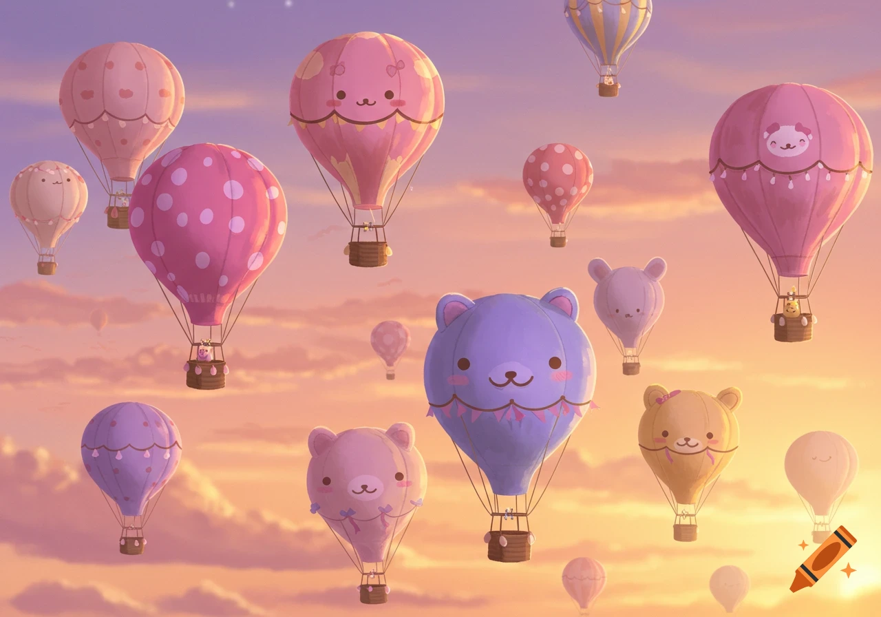 Many cute, animal-shaped hot air balloons float in a pastel sky at sunrise/sunset.