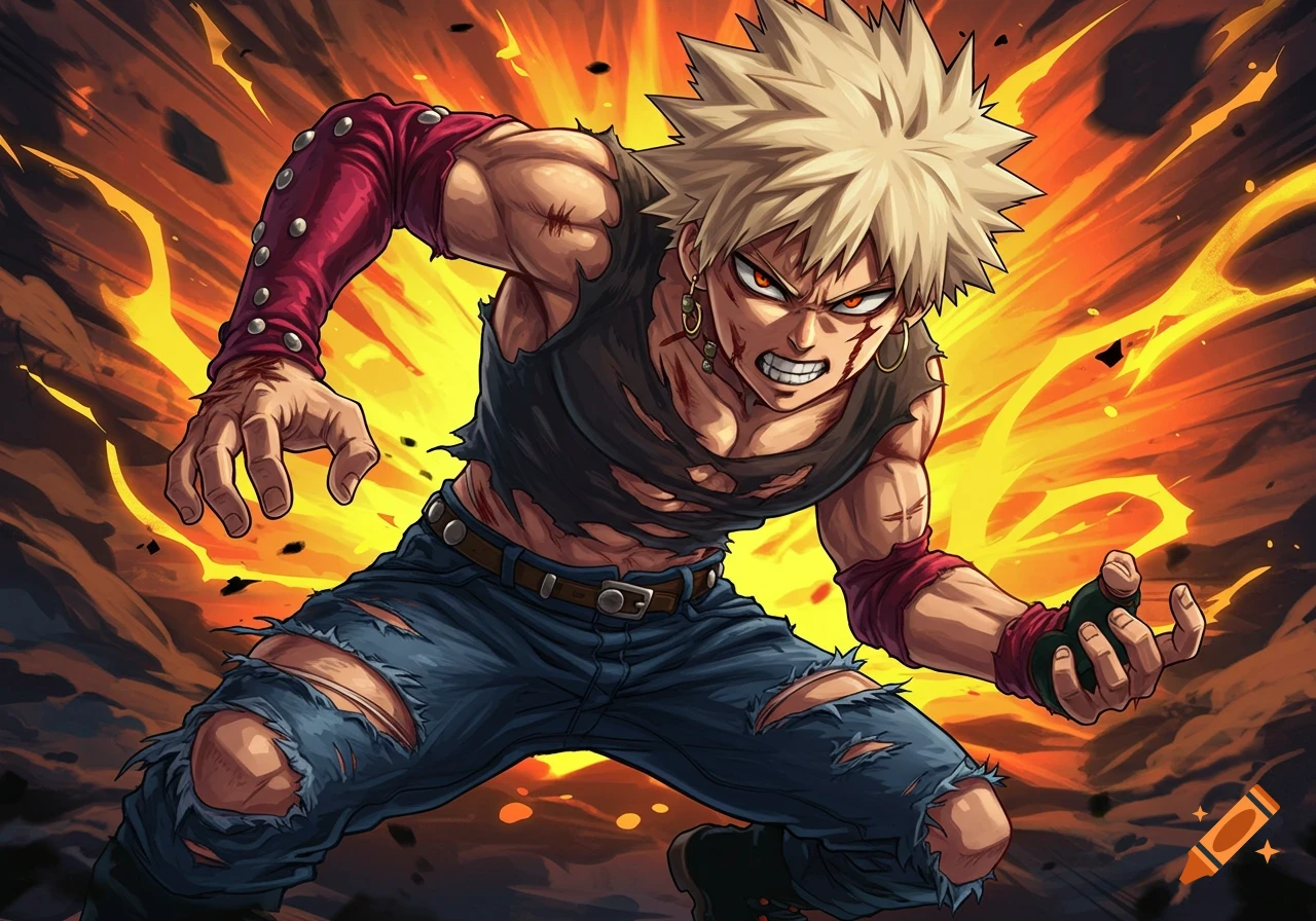 An angry anime man with spiky blonde hair and ripped clothes stands amidst fire and explosions.
