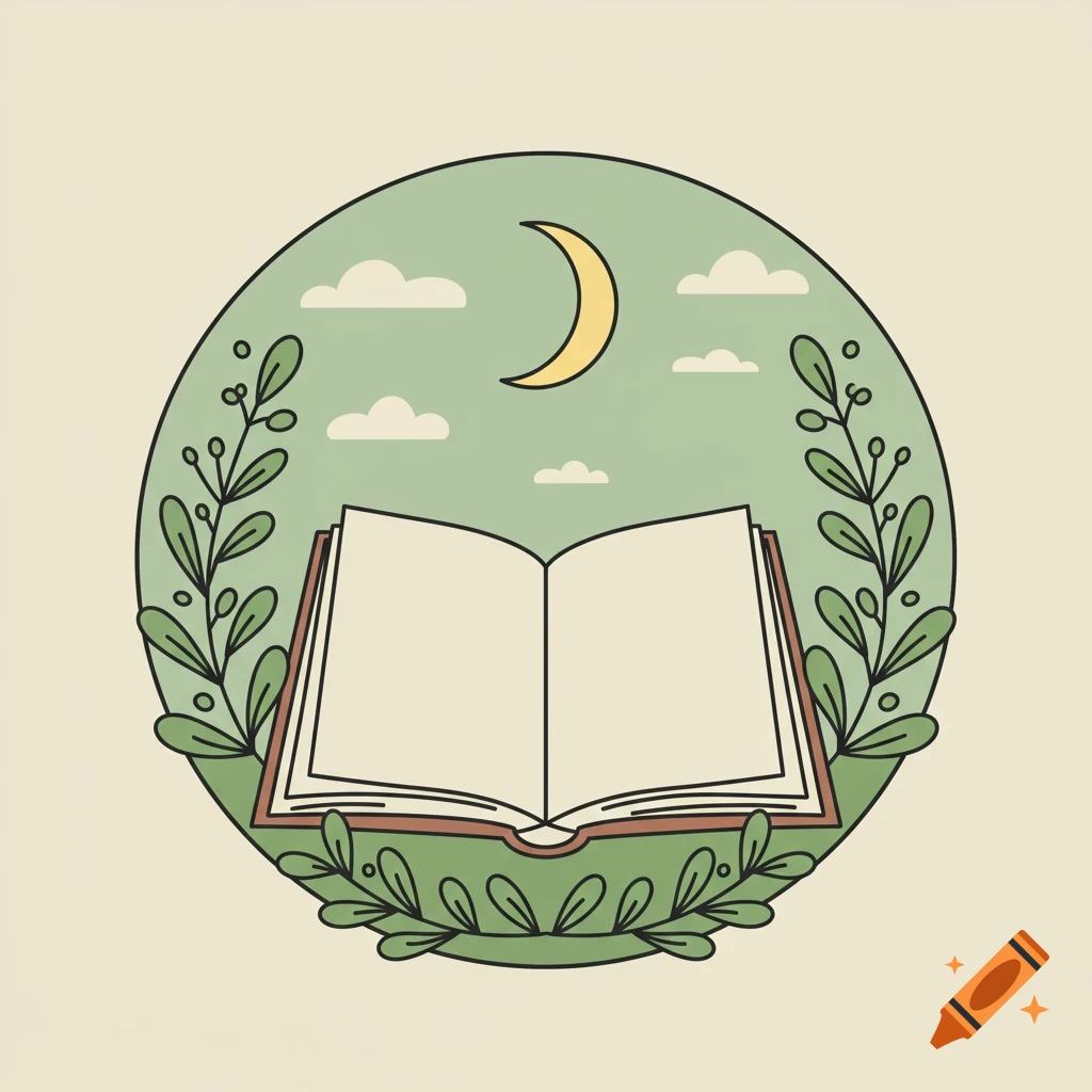 A vector illustration of an open book, crescent moon, clouds, and leaves inside a circle.