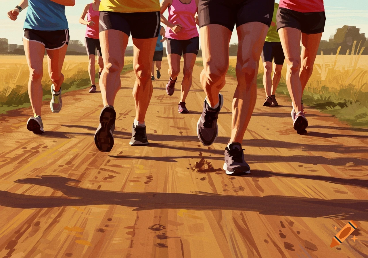 Feet and legs of several people running on a dirt road.