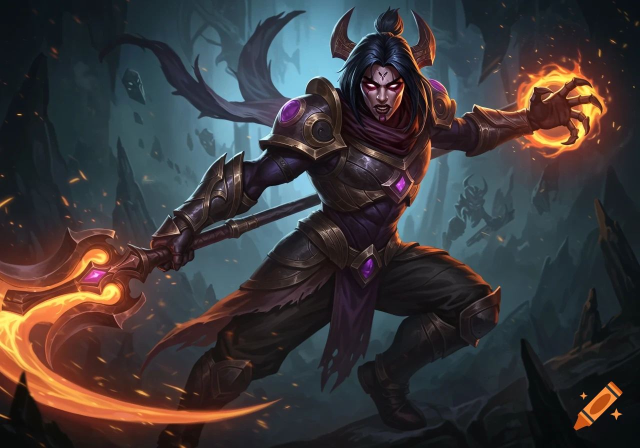 A dark fantasy character in ornate armor casts a fire spell while holding a scythe.