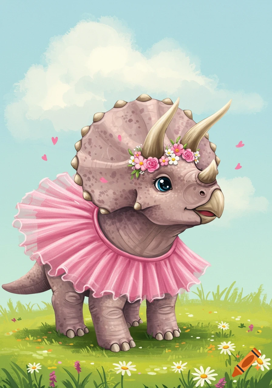 A cute triceratops dinosaur wearing a pink tutu and flower crown in a grassy field.